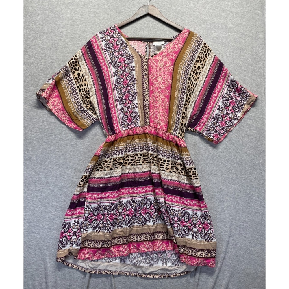 Venus Tunic Dress Womens S Multicolor Paisley Leopard Print Elastic Waist V Neck